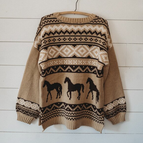 New Horse Aztec Western Native Knit Soft Oversized Sweater Womens - Picture 6 of 6